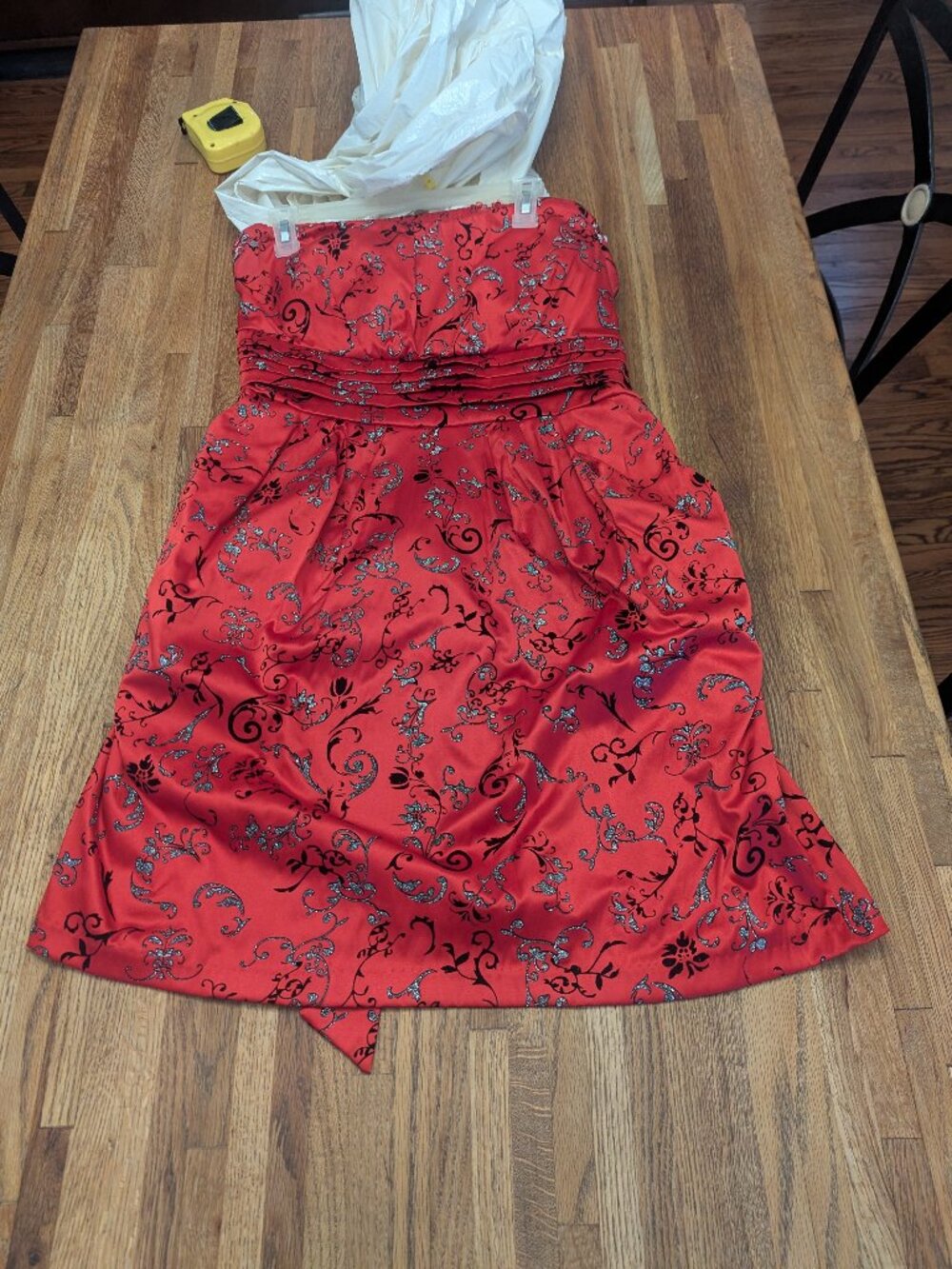 Red Satin Strapless Party Dress w Sliver Glitter and Black Velvet Vines POCKETS!